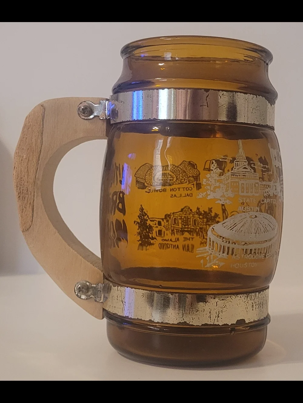 Vintage Little Brown Mug Texas Amber Glass Barrel Beer Stein Wood Handle Alamo A